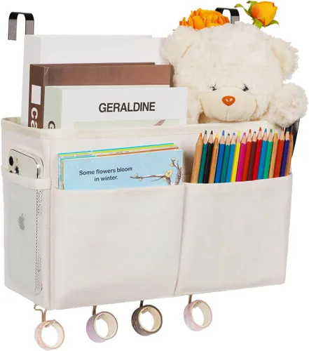 Miniatura 13 de Organizador de almacenamiento de mesita de noche, 5 bolsillos con 4 ganchos, bolsa de almacenamiento colgante para cabeceros/literas (gris)