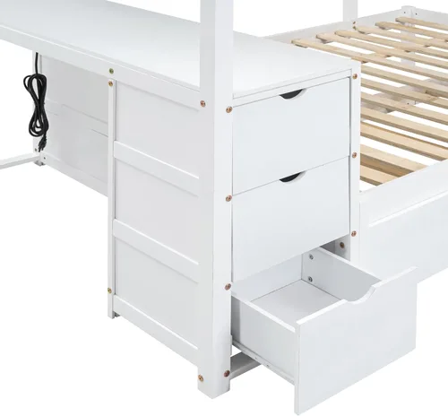 Miniatura 6 de Litera de tamaño matrimonial con escritorio debajo de la cama, cama nido de tamaño individual y cajones de almacenamiento, no necesita somier Blanco