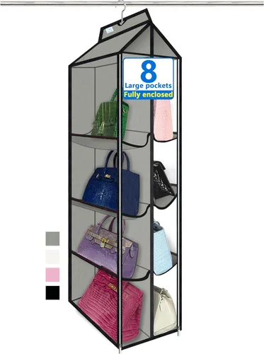 Miniatura 13 de Organizador de bolso, paquete de 2, colgador de bolso, resistente, organizador de bolsos para armario, ganchos de metal gruesos, organizador de Gris