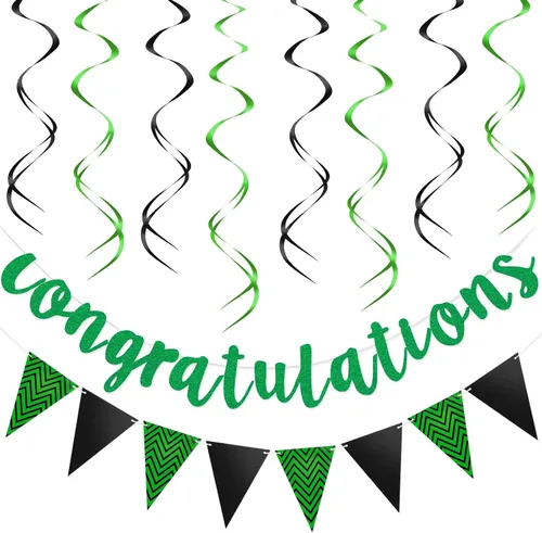 Miniatura 7 de Outus Pancarta de felicitaciones con purpurina preencordada con 12 espirales colgantes para bodas, jubilaciones, graduaciones, aniversarios, Dorado
