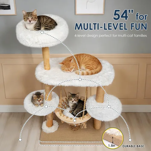 Miniatura 5 de Árbol de madera maciza para gatos de interior, torre moderna de varios niveles para gatos de 54 pulgadas con cesta colgante, postes rascadores