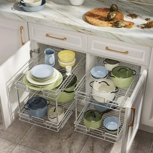 Miniatura 2 de LOVMOR Organizador de gabinete extraíble de 2 niveles, 14 pulgadas de ancho x 21 pulgadas de profundidad, cajón extraíble cromado para gabinete Plata