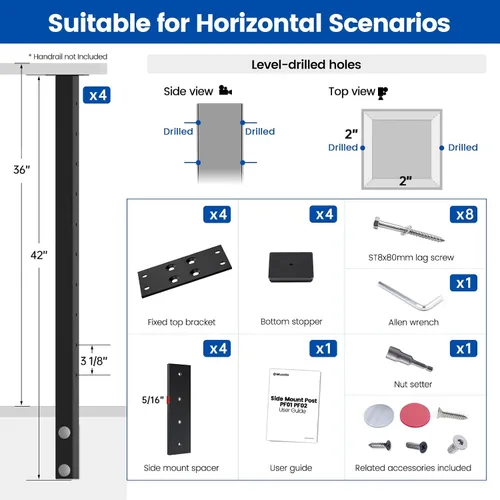 Miniatura 2 de Muzata Kit de barandilla de cable de acero inoxidable que ahorra espacio, perforado a nivel, para montaje lateral, 4 piezas, negro, 36 pulgadas