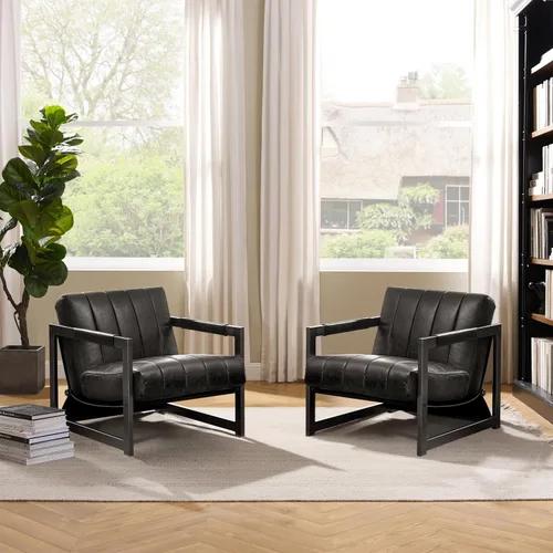 Miniatura 20 de Art Leon Silla de acento moderna de mediados de siglo, de piel sintética, con patas de metal negro, silla lateral única de salón para sala de estar