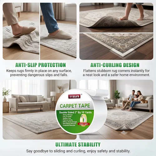Miniatura 5 de YYXLIFE - Cinta adhesiva de doble cara extraíble para alfombras - Cinta adhesiva para alfombras para suelos de madera dura, cinta antideslizante