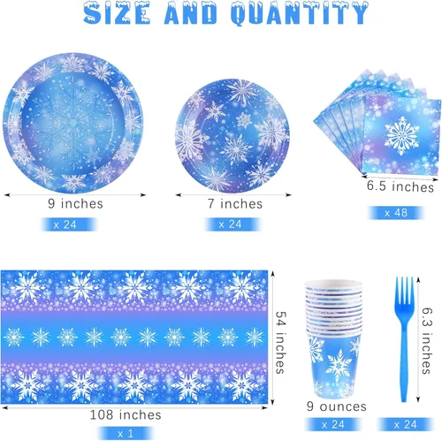 Miniatura 2 de durony 145 piezas de suministros de fiesta de cumpleaños de Frozen, vajilla desechable, platos de papel de copo de nieve de invierno, servilletas