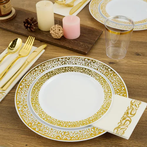 Miniatura 3 de FOCUSLINE Juego de 102 platos de plástico dorados desechables con encaje dorado, 51 platos llanos de 10.25 pulgadas y 51 platos de ensalada