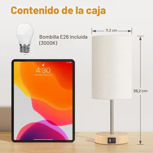 Miniatura 5 de AKASUKI Lámpara de mesa para dormitorio, lámpara táctil regulable de 3 vías con estación de carga doble, lámparas de noche pequeñas para mesitas
