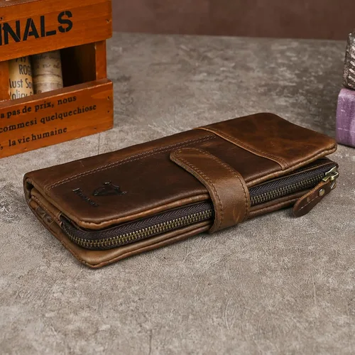 Miniatura 85 de Genuino Caballo Loco Cuero Regalo de Viaje Moneda Bolsillo Tarjetero Organizador Largo Cadena Rfid Cartera Monedero Con Broche Para Hombres Hombres