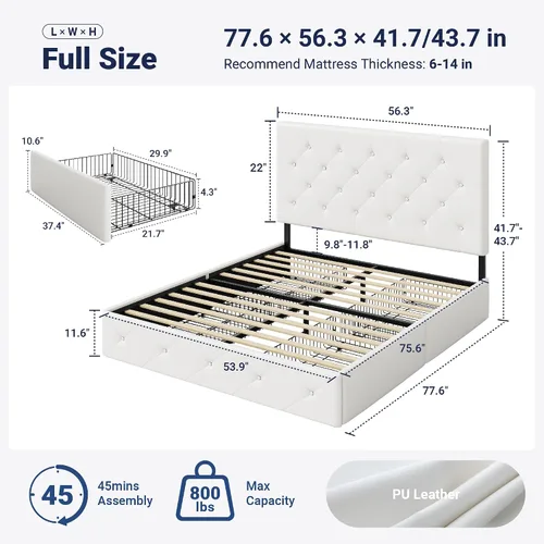 Miniatura 2 de Allewie - Base de cama tapizada de tamaño completo con plataforma, con 4 cajones de almacenamiento y cabecera, diseño de botón cosido