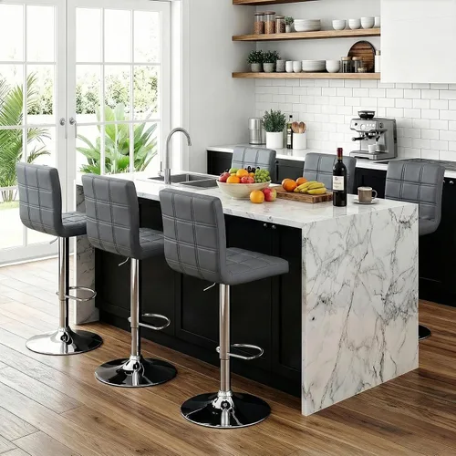 Miniatura 10 de ZENY Juego de 4 taburetes de bar giratorios ajustables, modernos taburetes de bar de cocina de piel sintética, taburete de bar con respaldo cuadrado