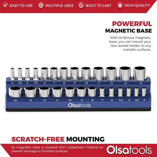 Miniatura 4 de Olsa Tools Portadados magnético, para dados métricos con cuadros de mando de 1/4 de pulgada, color azul, caben 26 dados, organizador de herramientas