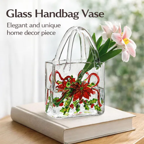 Miniatura 2 de Jarrón con textura floral pintado a mano, jarrón de cristal en forma de bolso de 9.1 pulgadas con patrones 3D, centro de mesa botánico engrosado