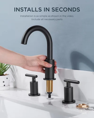Miniatura 5 de FORIOUS Grifos de baño negros de 3 agujeros, 2 manijas de 8 pulgadas, grifo de tocador negro mate generalizado, 3 agujeros con boquilla giratoria