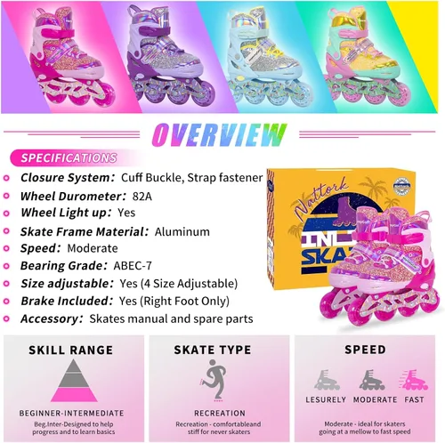 Miniatura 6 de Mammygol Patines en línea para niñas y niños, 4 tamaños ajustables para niñas de 3 a 12 años con ruedas iluminadas y protección de seguridad, regalo