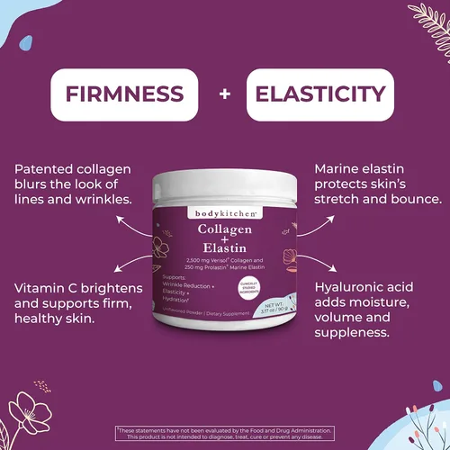 Miniatura 4 de Body Kitchen Péptidos de colágeno y elastina, 250 mg de elastina pura derivada de marina de Francia, suplemento de elastina para firmeza