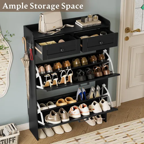 Miniatura 3 de BORNOON Gabinete de Almacenamiento de Zapatos para Entrada, Gabinete Estrecho de Zapatos Estilo Granja con 2 Cajones Abatibles y Cajones Superiores