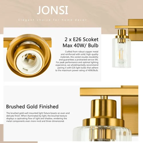 Miniatura 6 de Jonsi Accesorios de iluminación de baño dorados, 2 luces de tocador de oro cepillado con pantalla de vidrio estriada, luces modernas sobre espejo