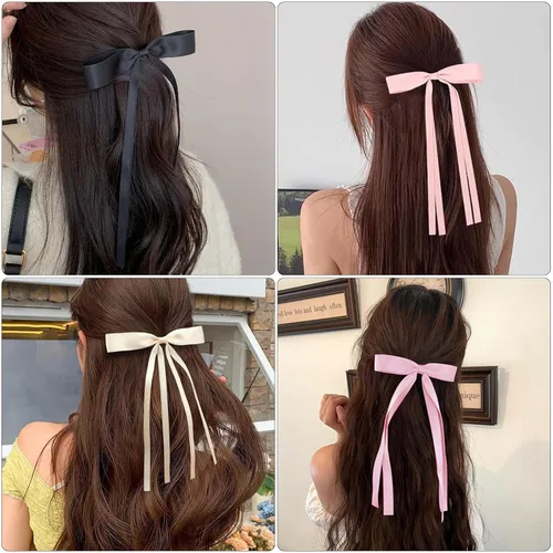 Miniatura 4 de Juego de lazos para el pelo de cinta para mujeres y niñas, 10 pinzas para el cabello con borlas de lazo, pasadores en negro, blanco, rojo vino