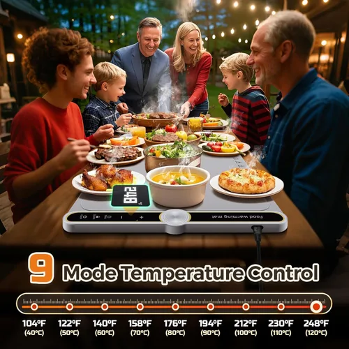 Miniatura 3 de Tapete de calentamiento para alimentos – Bandeja de calentamiento eléctrica extragrande de 32"x15" calienta 8 platos, 9 temperaturas ajustables