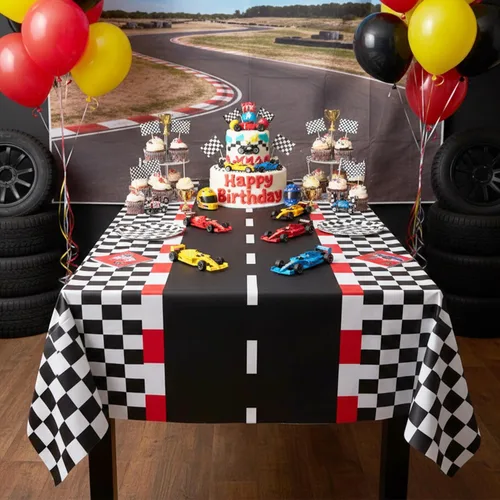 Miniatura 6 de Oigco - Paquete de 4 manteles de plástico de automóvil de carreras, decoraciones de cumpleaños de autos, mantel a cuadros para decoración