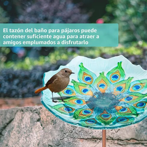 Miniatura 2 de MUMTOP - Bañera de cristal para pájaros, para jardín y exteriores, bañera o comedero de aves, con estaca de metal, estilo pavo real