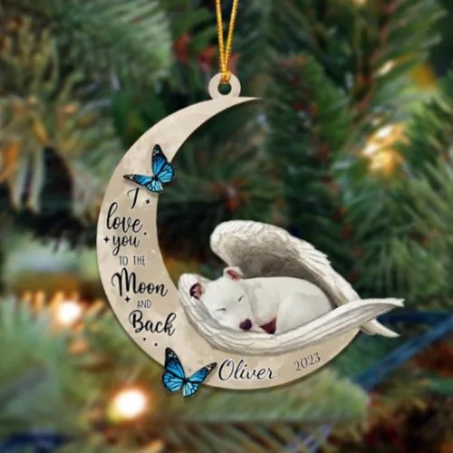 Miniatura 90 de Adorno colgante personalizado de ángel durmiendo en la luna, perro sabueso afgano, nombre personalizado, acrílico impreso en 2D plano – cumpleaños