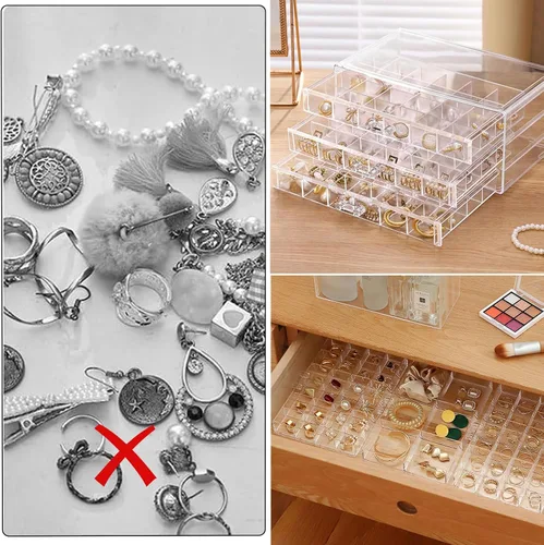 Miniatura 7 de Caja organizadora de cuentas para aretes, collar, joyero (3 cajones con 72 rejillas)