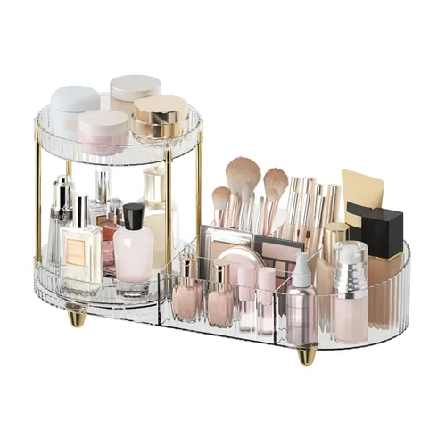 Miniatura 11 de Organizador de maquillaje giratorio para tocador, 2 bandejas de perfume con 5 compartimentos, almacenamiento de cosméticos y cuidado de la piel