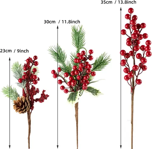 Miniatura 3 de Ramas grandes de pino de bayas rojas de 9 a 14 pulgadas, paquete de 16 ramas de pino surtidas, ramas de flores para corona de Navidad, decoración