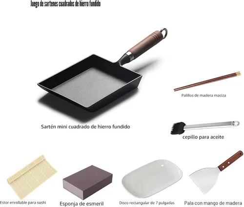 Miniatura 2 de Sartén japonesa Tamagoyaki de hierro fundido, pre-sazonada, tratada con nitrógeno líquido, no se oxida, lista para usar, mango de madera