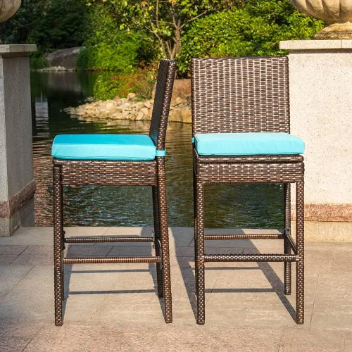 Miniatura 7 de Sundale Outdoor Juego de 2 taburetes de bar, 2 taburetes de bar de mimbre tejido sin brazos, sillas de bar para patio con almohada y cojín azul