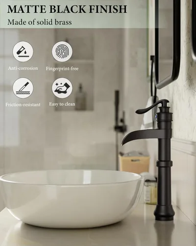 Miniatura 5 de Homevacious Grifo de baño negro para lavabo, cascada mate, cuenco antiguo de un solo orificio con tapón de drenaje emergente, línea de suministro