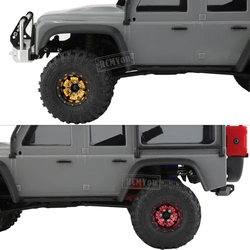 Miniatura 6 de Rc Ruedas de 1.0 pulgadas para 1/18 1/24 Trx4m SCX24 FCX24, RC Crawler Car 4 piezas de aluminio 1.0 pulgadas llanta de rueda de goma suave, oro Oro