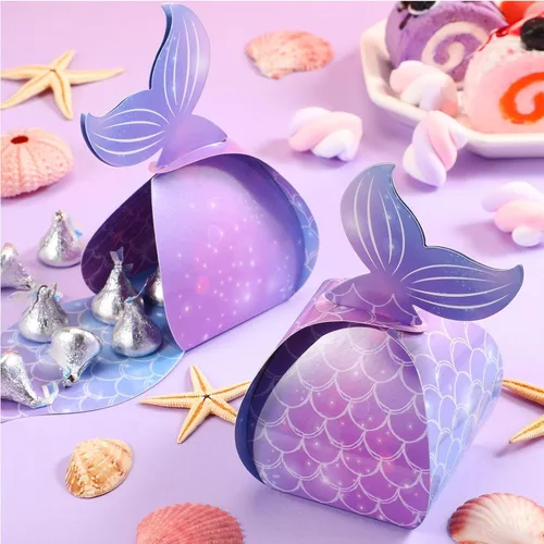 Miniatura 4 de Frienda 36 cajas de dulces de sirena, cajas de regalo de cola de sirena, bolsas de regalo bajo el mar, suministros para fiestas de cumpleaños