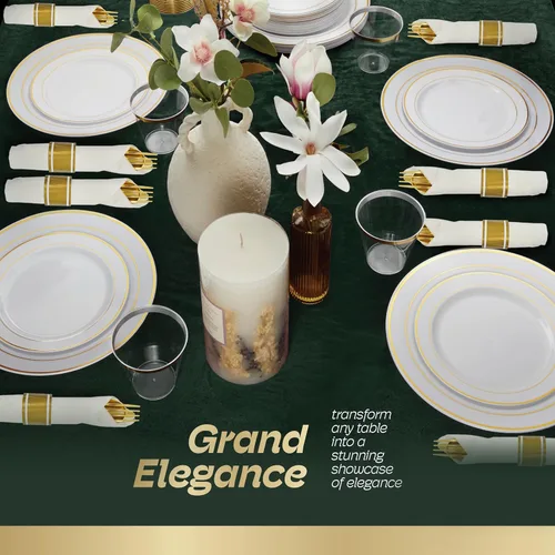 Miniatura 4 de R-kay Juego de vajilla de plástico dorado de 350 piezas para 50 invitados, platos de plástico dorado para fiestas, platos de fiesta y tazas