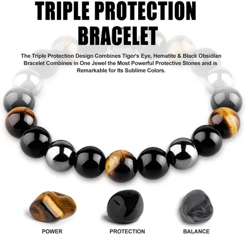 Miniatura 8 de HOZEAL Pulsera de triple protección, brazalete de obsidiana negra con ojo de tigre y hematita para hombres y mujeres, para traer suerte