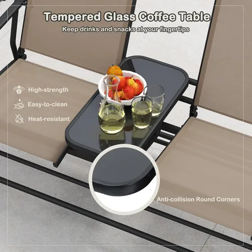 Miniatura 5 de Tangkula Silla mecedora para 2 personas, sofá biplaza mecedora para patio con mesa central de vidrio templado, banco de columpio para exteriores