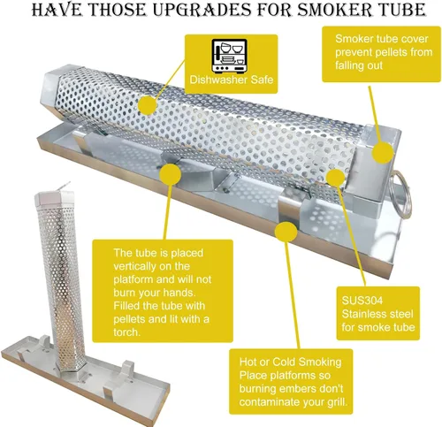 Miniatura 3 de Kit de Tubo Ahumador de Pellets 2X12'', Tubo de Humo para Ahumador de Pellets con Bandeja de Acero Inoxidable y Cubierta de Tubo, 5 Horas de Humo