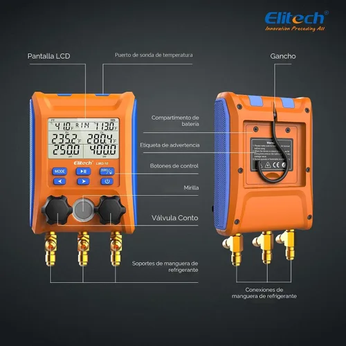 Miniatura 8 de Elitech Válvula de 2 vías de manómetro digital con abrazaderas de termómetro para sistemas HVAC, LMG-10