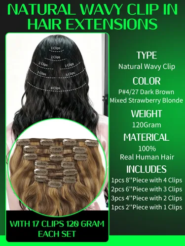 Miniatura 2 de Anrosa Extensiones de cabello humano de 18 pulgadas con clip P #4/27, onda natural, cabello humano Remy real, color piano #4 con color rubio fresa