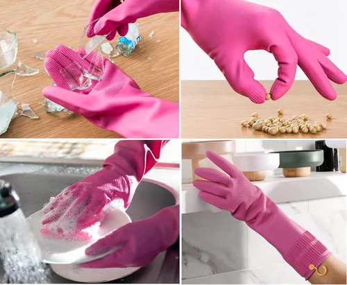 Miniatura 5 de Myungjin Guantes de goma antideslizantes reutilizables e impermeables para el hogar con gancho para colgar y secar (1 par/pequeño)
