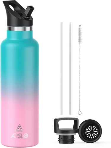 Miniatura 39 de Botellas de agua de doble pared de acero inoxidable, botella aislada al vacío con tapa con popote, botella de agua aislada mantiene el agua fría