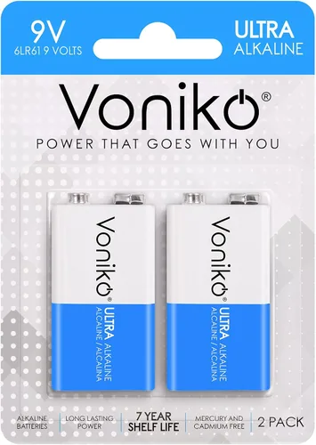 Voniko Baterías de 9 V - Batería alcalina de 9 V paquete de 2 - Ultra larga duración con una vida útil de 7 años
