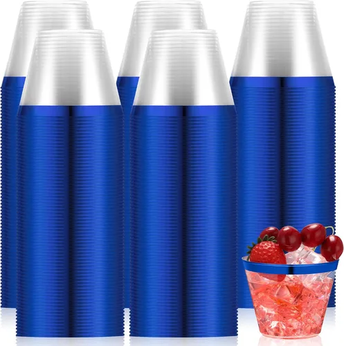 Lounsweer 100 Piezas Vasos de Plástico con Borde de 9oz, Copas de Cóctel Transparentes para Bodas, Copas de Vino Desechables Resistentes para Azul