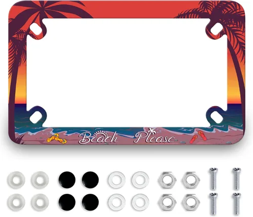 Marco de placa de motocicleta Beach Please de acero inoxidable, palmera, divertido soporte de etiqueta Hawaii, 4 agujeros, accesorio colorido de