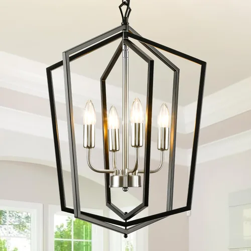Miniatura 14 de WJShome 46 cm de diámetro Candelabro negro y dorado, lámpara de comedor estilo granja de 4 luces, lámparas modernas de vestíbulo, lámpara colgante