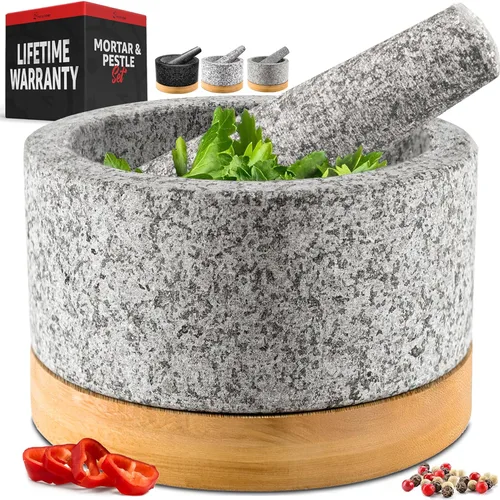 Miniatura 10 de Priority Chef Juego de mortero y mano de mortero resistente con base de bambú, molinillo de piedra de granito 100% natural, tazón y machacador
