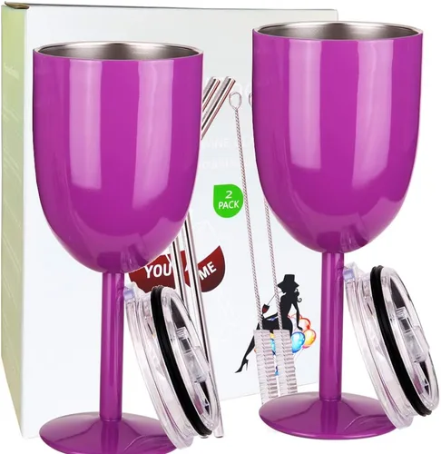Miniatura 21 de AMZUShome Copas de vino de acero inoxidable (paquete de 2). Vaso de vino de doble pared aislado al vacío con tapa y pajita. Amistad, Navidad, Oro