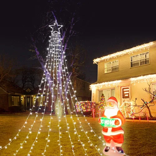 Miniatura 15 de Luces de Cadena de Estrella de Navidad, 320 Luces LED de Cascada para Árbol con Estrella Superior de 13", 8 Modos de Iluminación para Interiores